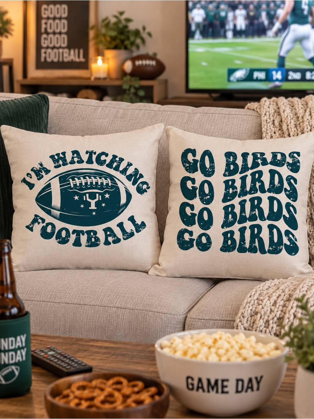 Go Birds Football 18x18 Double-Sided Linen Blend Pillow Cover